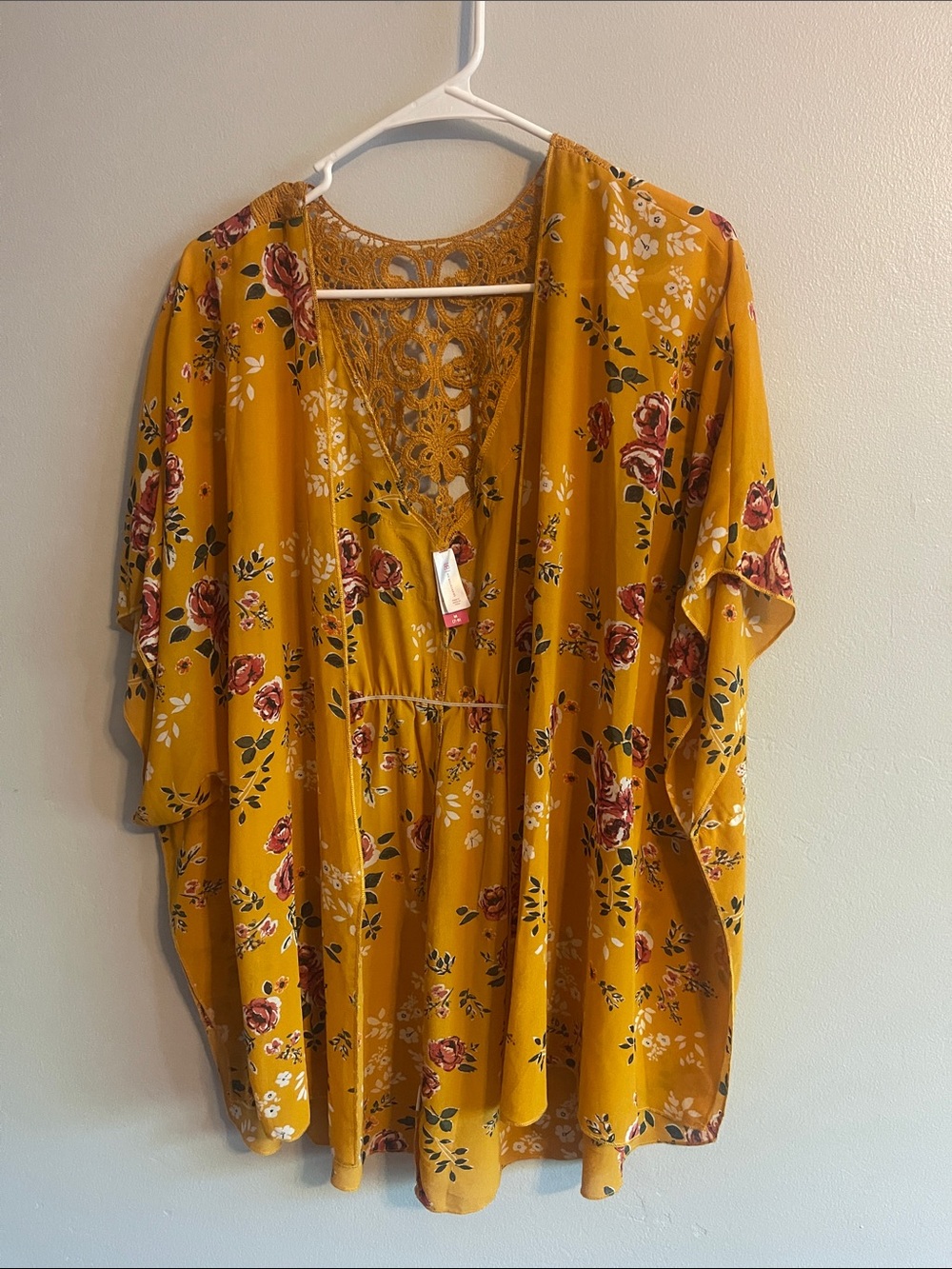No Boundaries dark yellow Floral Lace-Back cover up/ overlay top